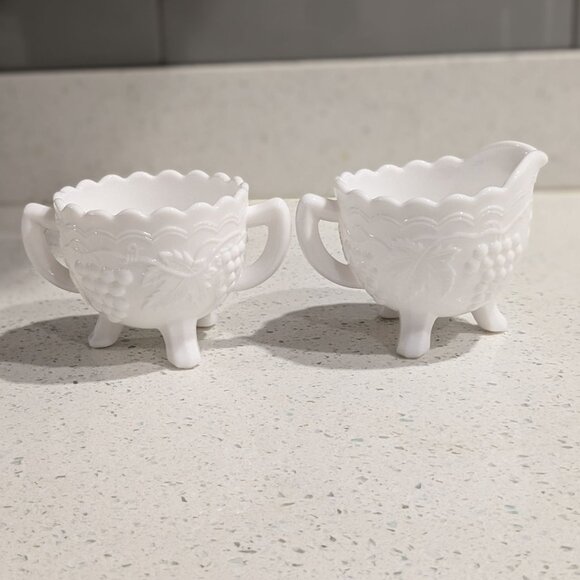 Imperial Glass Milk Glass Cream & Sugar Set With Grape Pattern - Picture 1 of 11